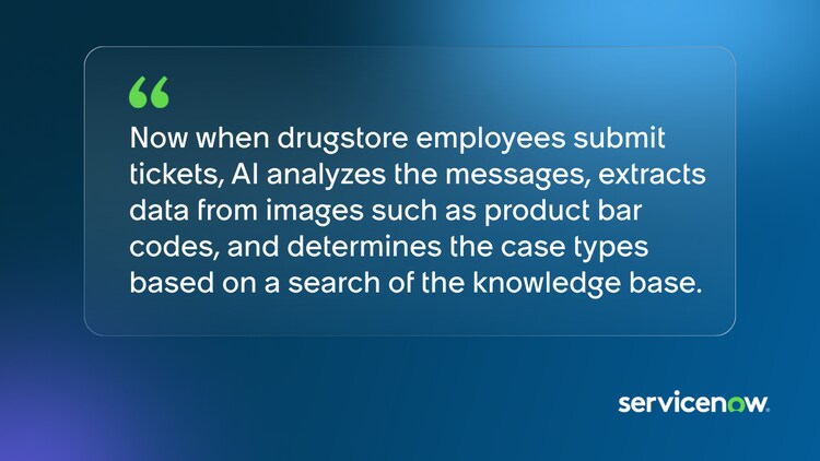 Now when drugstore employees submit tickets, AI analyzes the messages, extracts data from images such as product bar codes, and determines the case types based on a search of the knowledge base.