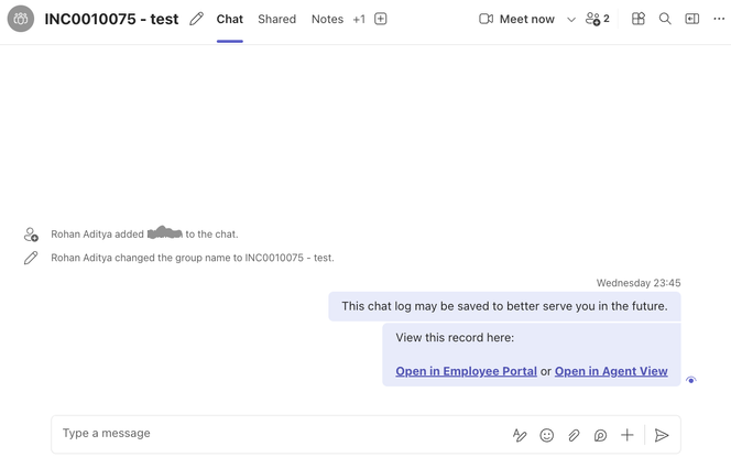 Teams message with record links