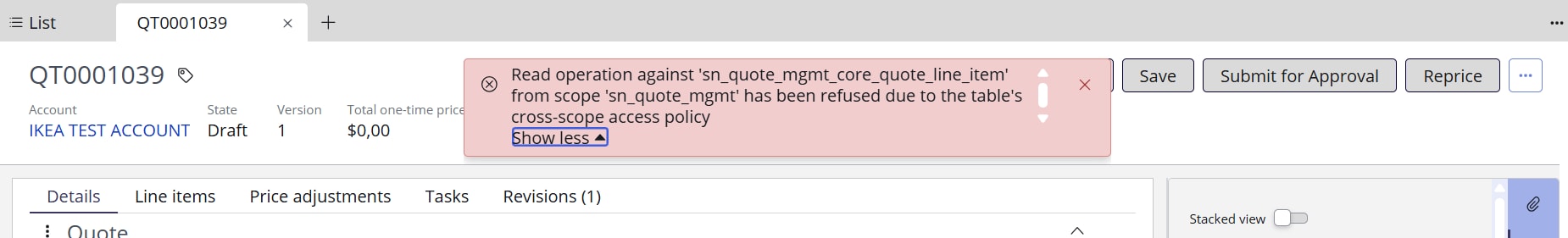 Error message when saving a Quote record on CSM Co... - ServiceNow ...