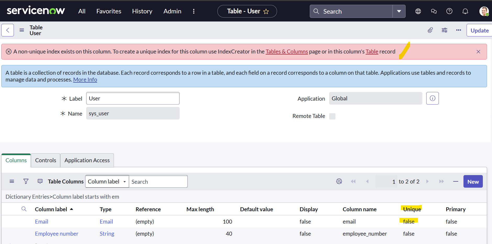 Unable to set unique field to true on one of the u... - ServiceNow ...