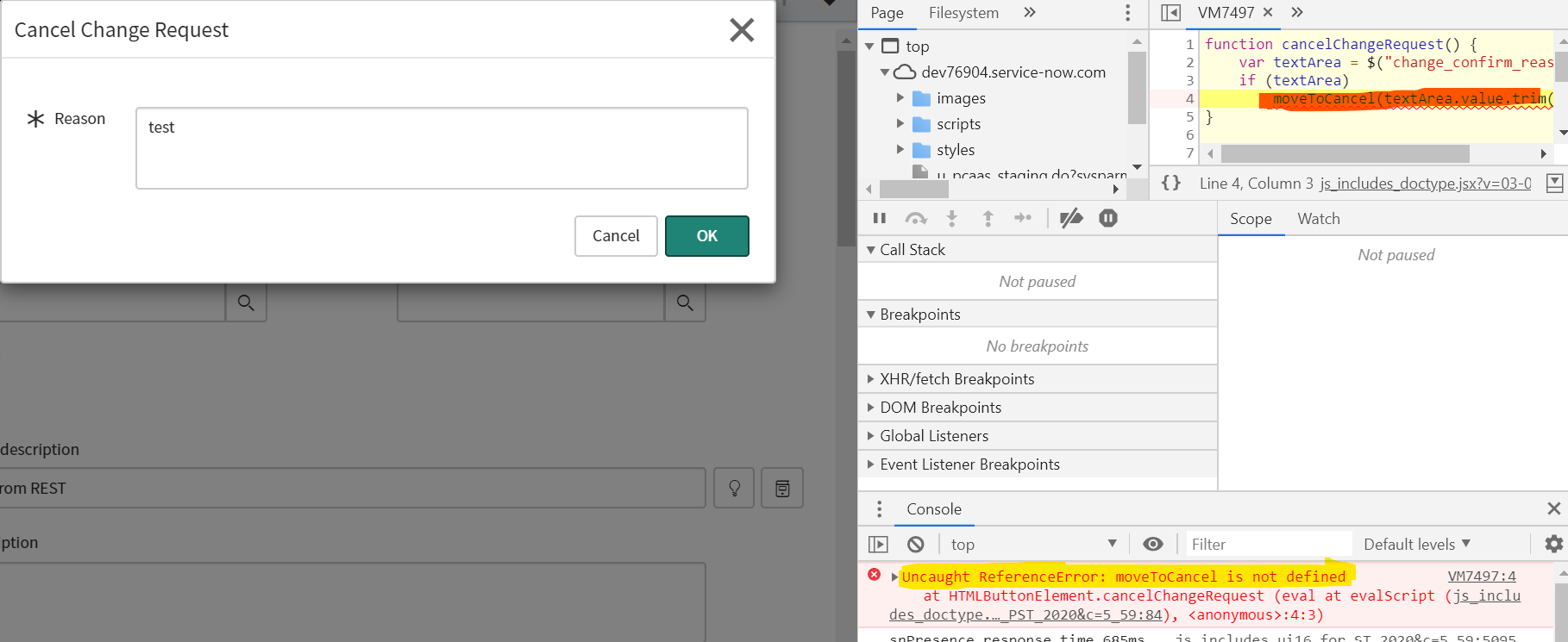 GlideModal call back function not working - error ... - ServiceNow ...