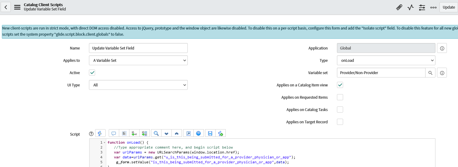 Solved: Client script causing javascript error - ServiceNow Community