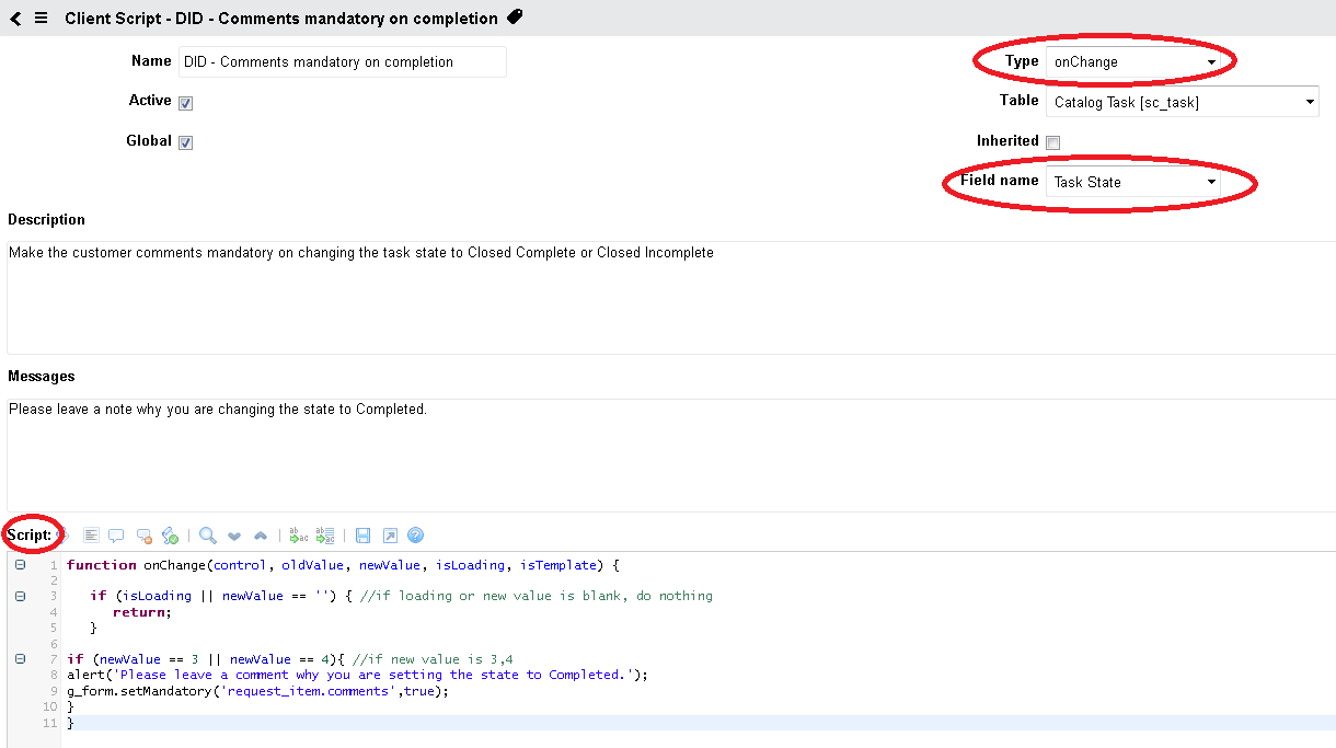 Solved: onChange client script - make comments mandatory u ...