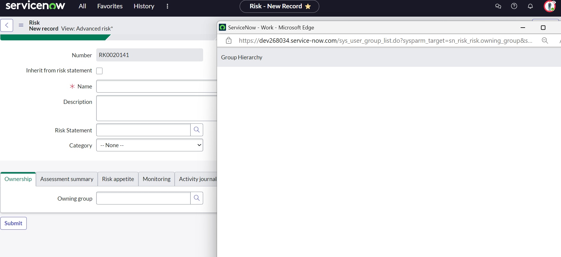 Solved: How to make the owning group in the risk record wo ...