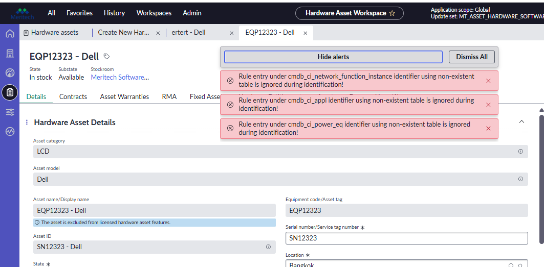 Red alerts in Hardware Asset Workspace – cmdb_ci_*... - ServiceNow ...
