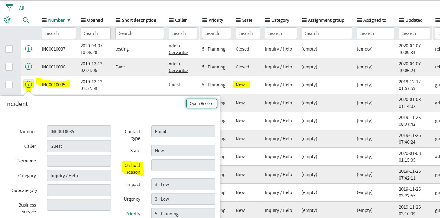 On Hold Reason field is visible on is Popup view o... - ServiceNow ...