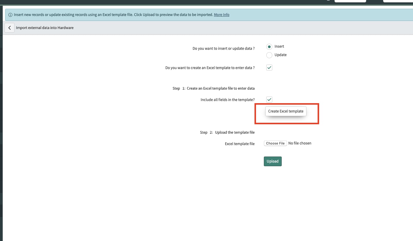 create excel template servicenow
