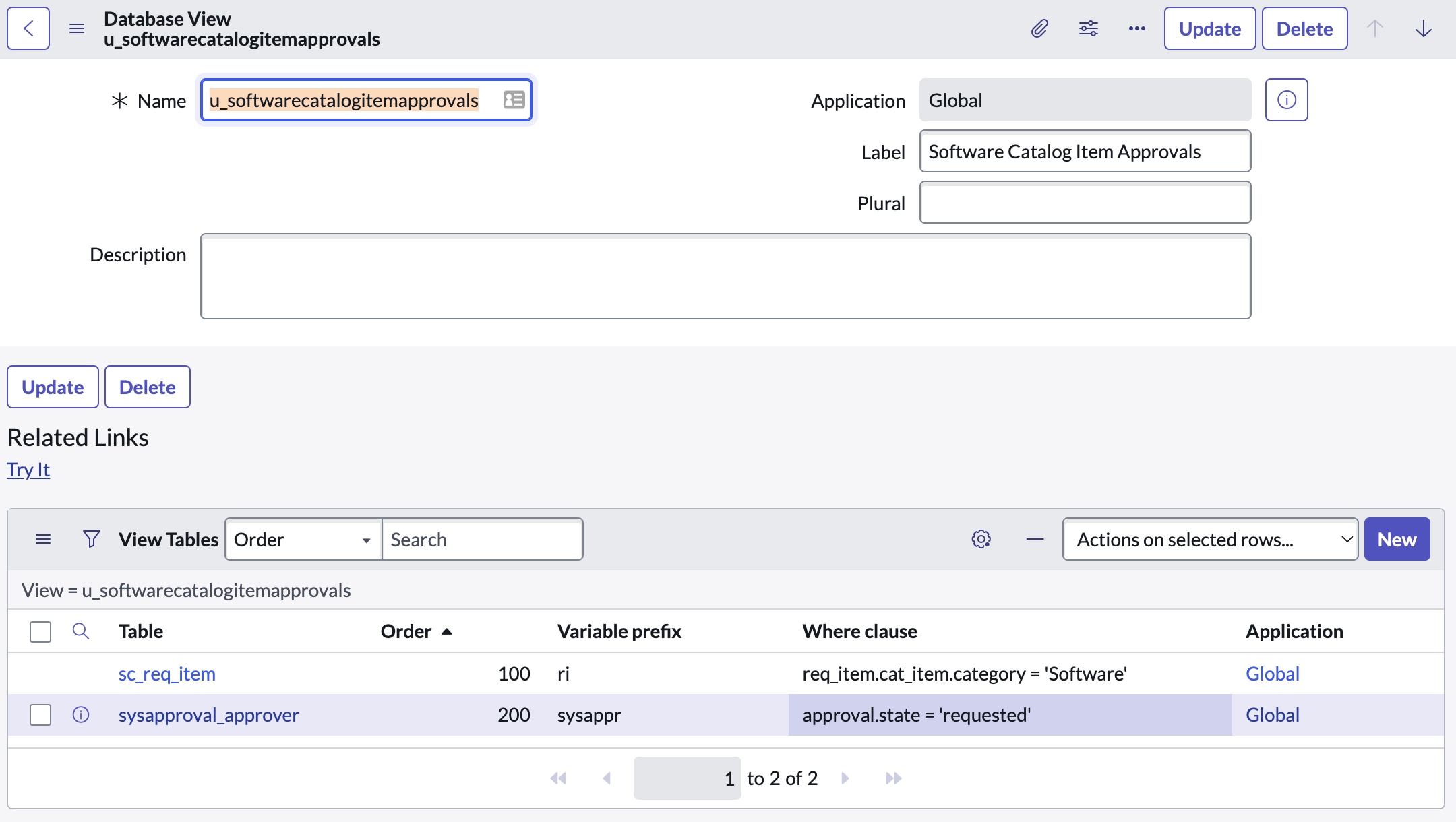 Database views for request item software request a... - ServiceNow ...