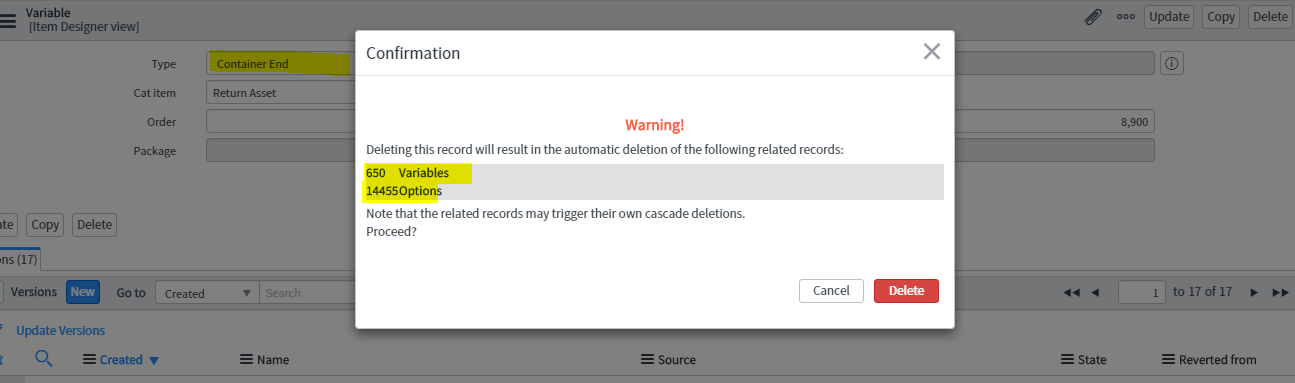 Cascade delete warning when attempting to remove c... - ServiceNow ...