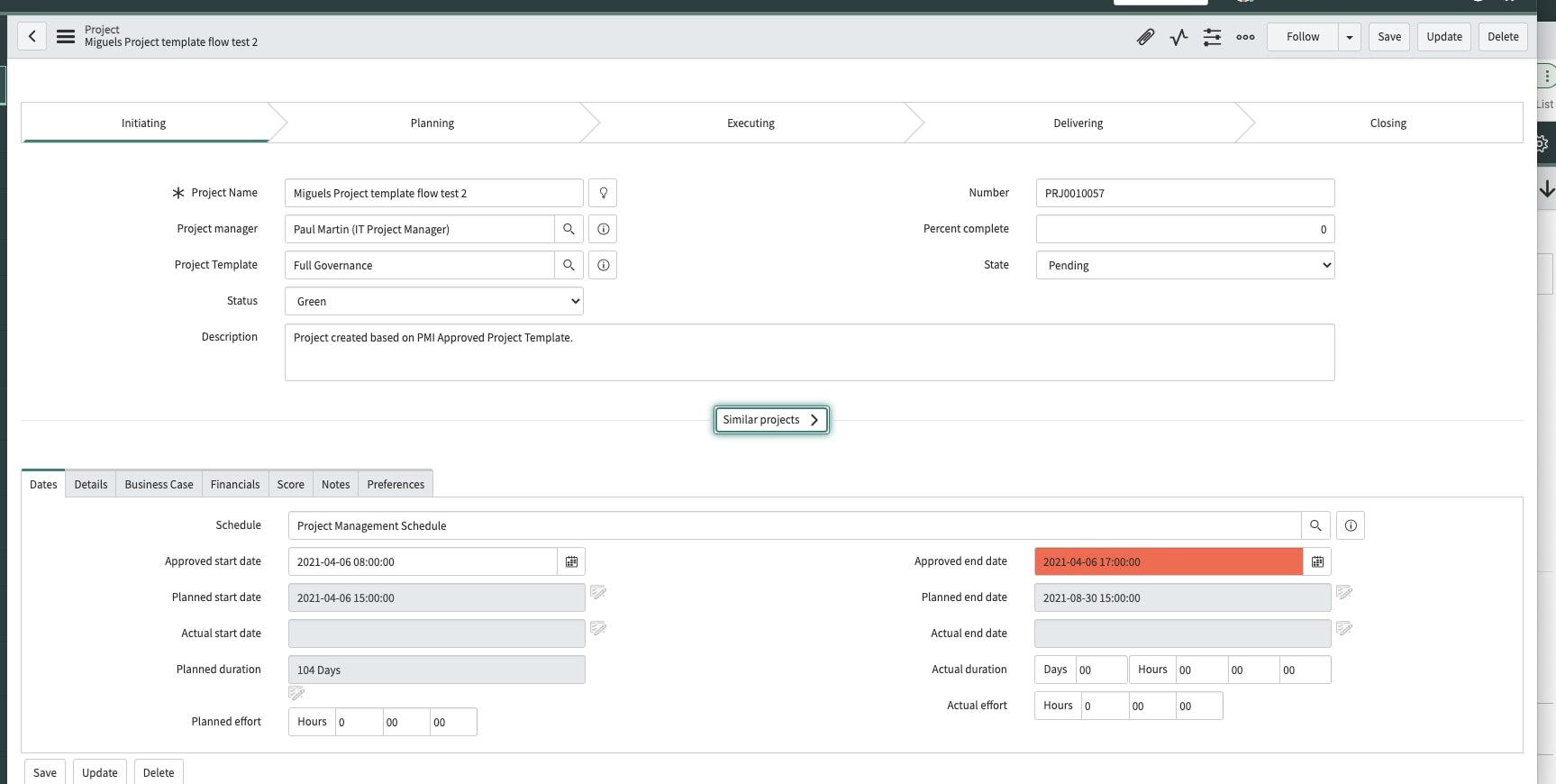 How to apply (automate) a Project Template using F... - ServiceNow ...