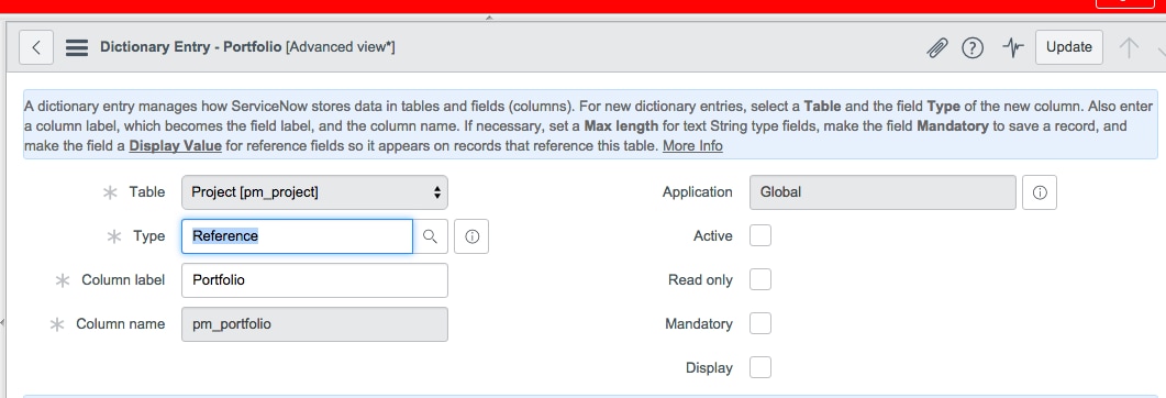 pm_portfolio field on pm_project table - ServiceNow Community