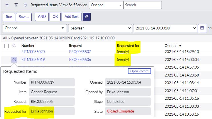 Solved: Requested Item/Requested For field is empty on the ...