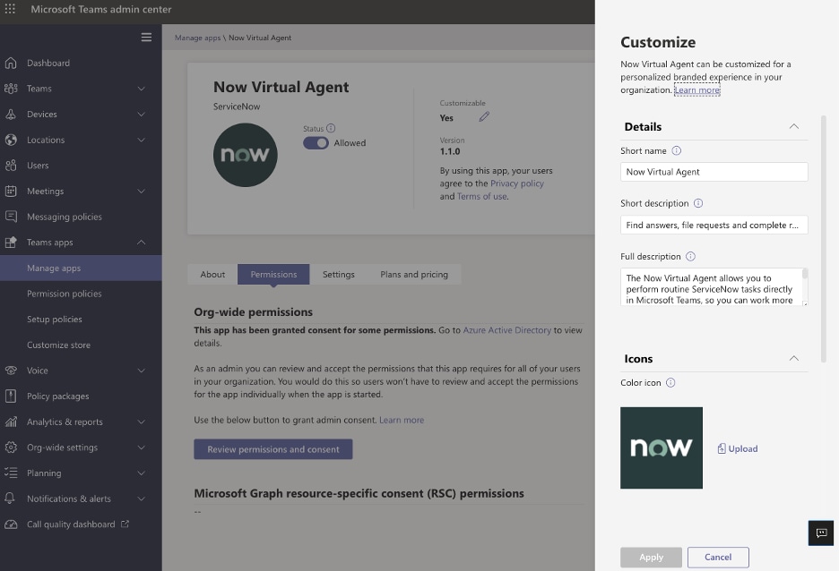 MS Teams branding for the conversational integrati... ServiceNow