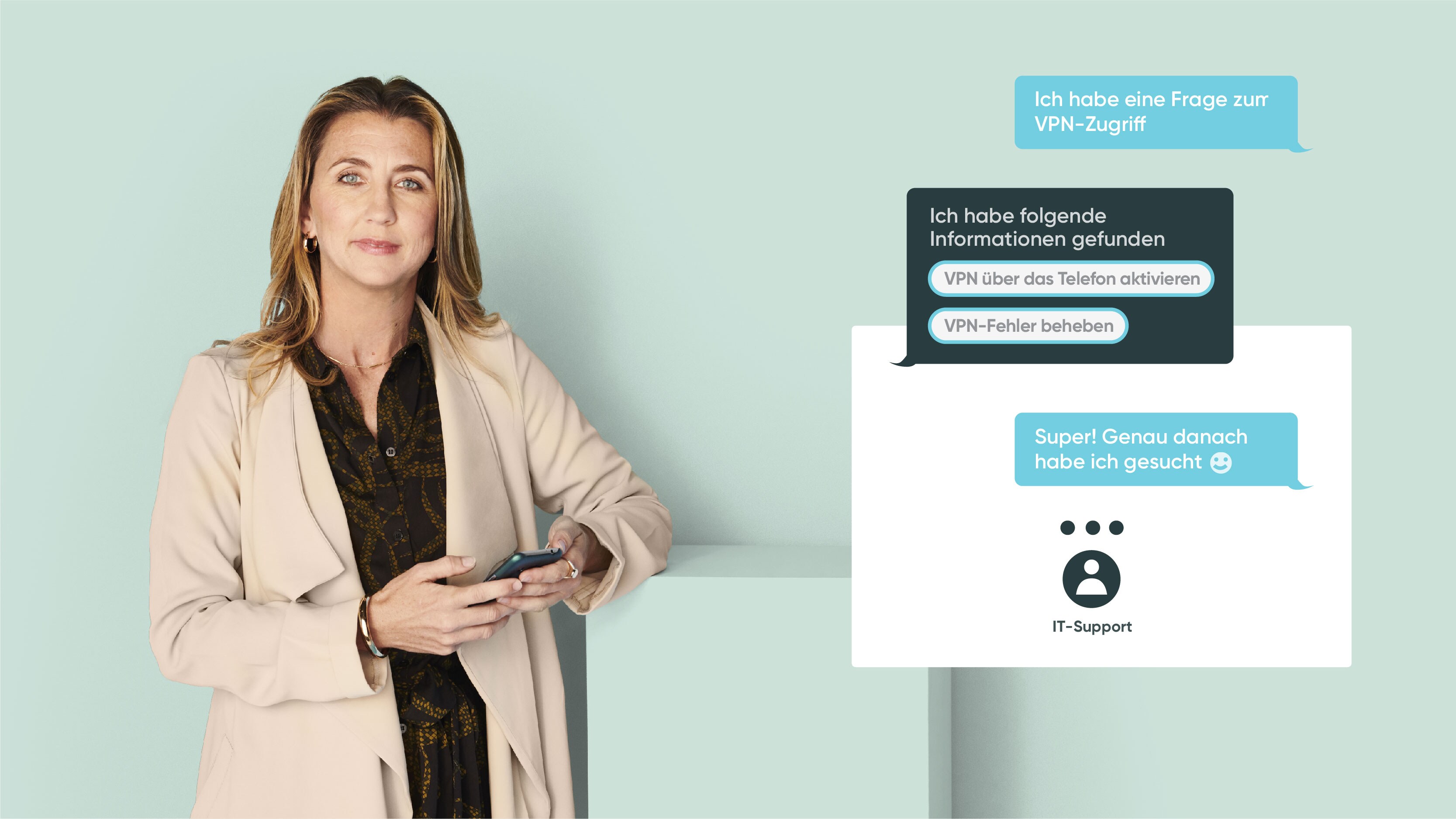An employee in the office solves a VPN access issue using a self-service portal.