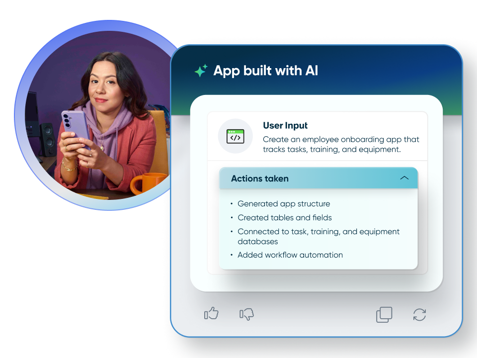 Screenshot of a ServiceNow user input interface displaying the actions taken by AI to create an employee onboarding app.