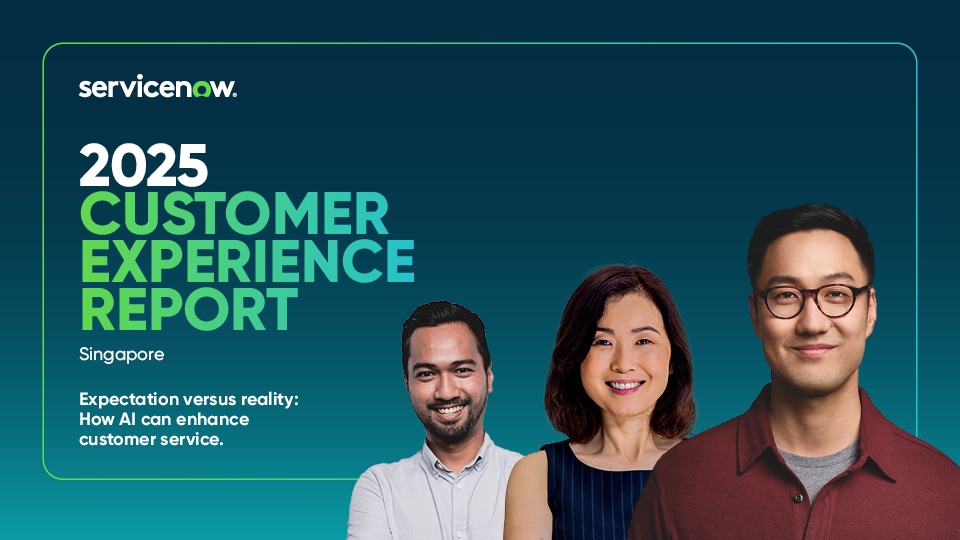 Cover of the 2025 Customer Experience Report – Australia & New Zealand by ServiceNow. Features three people on a blue gradient background with bold white and green text. 