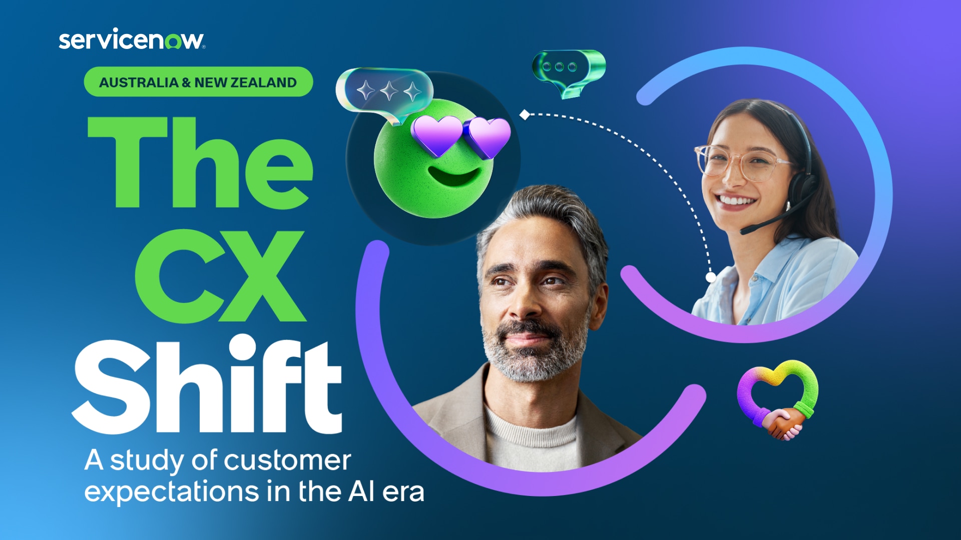 Cover of the Customer Experience Report – Australia & New Zealand by ServiceNow. Features three people on a blue gradient background with bold white and green text. 