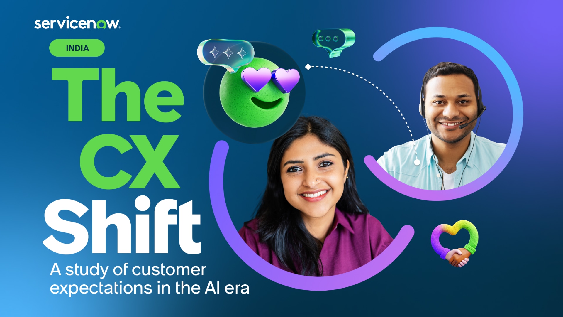 Cover of the Customer Experience Report – India by ServiceNow. Features three people on a blue gradient background with bold white and green text. 