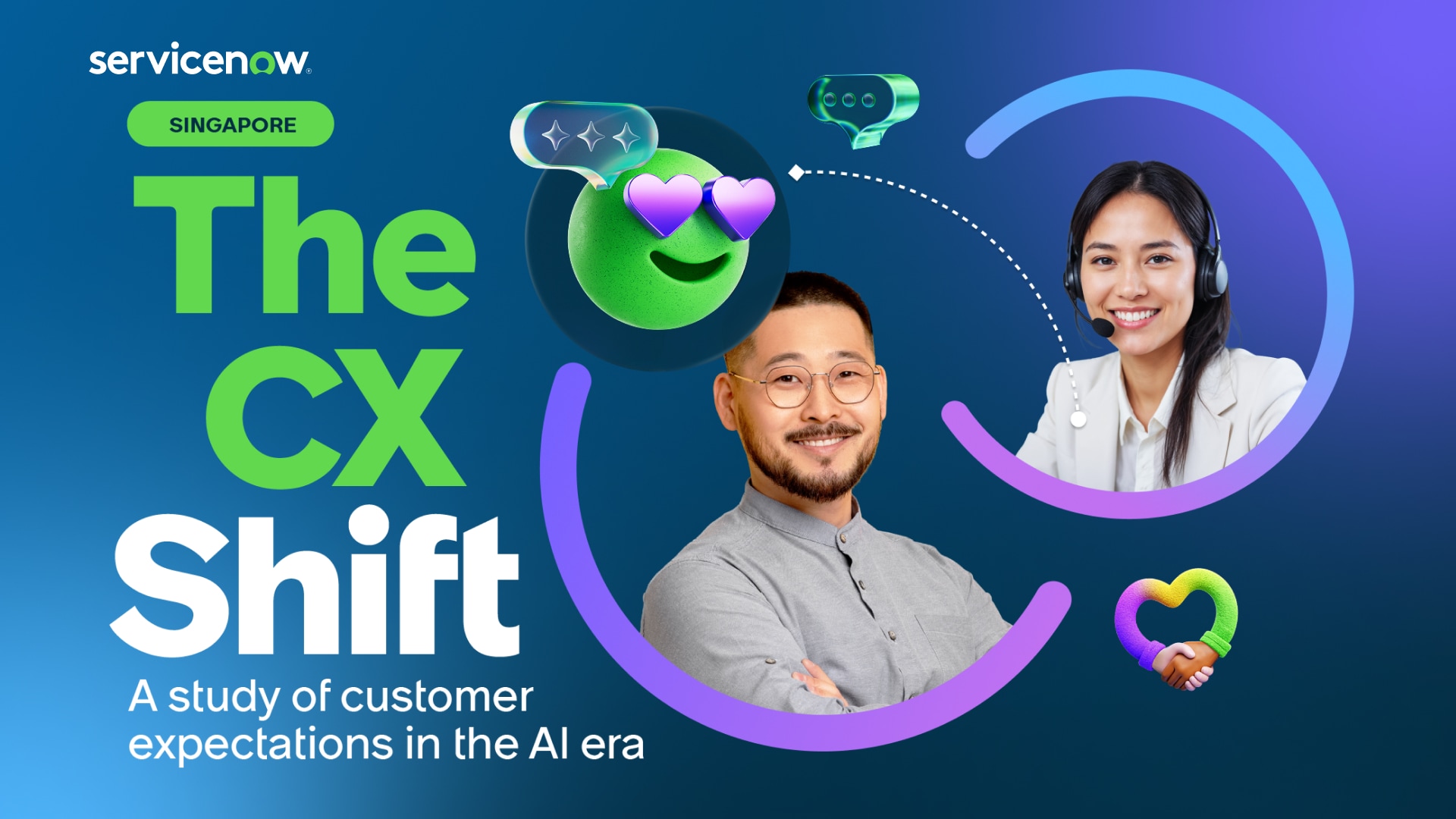 Cover of the Customer Experience Report – Singapore by ServiceNow. Features three people on a blue gradient background with bold white and green text. 