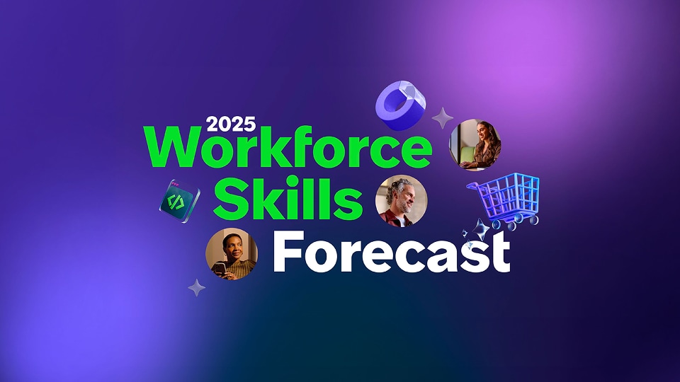 The ServiceNow 2025 Workforce Skills Forecast cover image highlights diverse professionals, noting the range of AI skills needed in today's workforce.