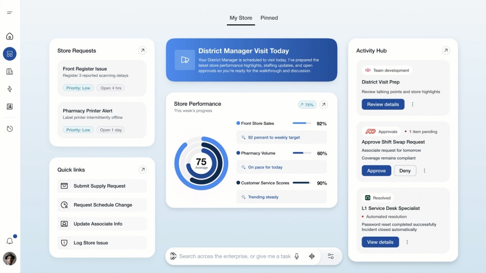 Die ServiceNow-Schnittstelle mit der Ansicht eines Managers eines Einzelhandelsgeschäfts mit Echtzeitdaten zu Anfragen, Verkäufen und Aufgaben, die in einem Geschäft benötigt werden.