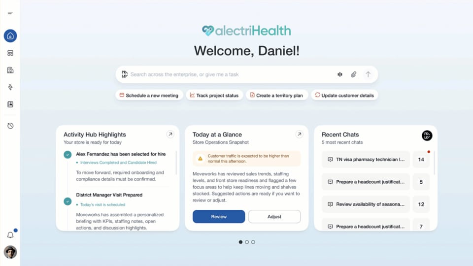 Personalisierte Homepage einer KI-Plattform für Unternehmen im Gesundheitswesen mit Begrüßungsnachricht für Mitarbeiter und Such-/Prompt-Leiste.