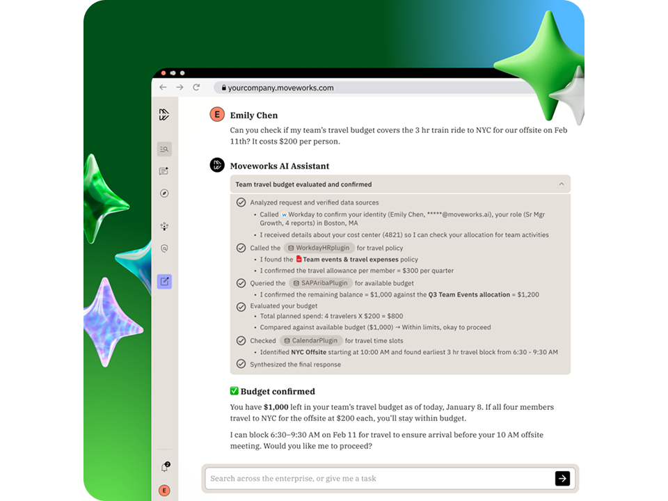 Ein Browserfenster mit einer KI-gestützten Moveworks-Konversation, die zeigt, dass das Reisebudget für ein Team ausgewertet und bestätigt wurde.
