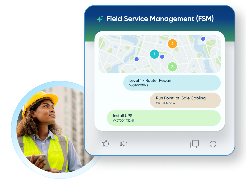 Illustration d’une carte de tâche de service sur site avec une carte, les détails de l’intervention et la photo de profil d’un technicien.
