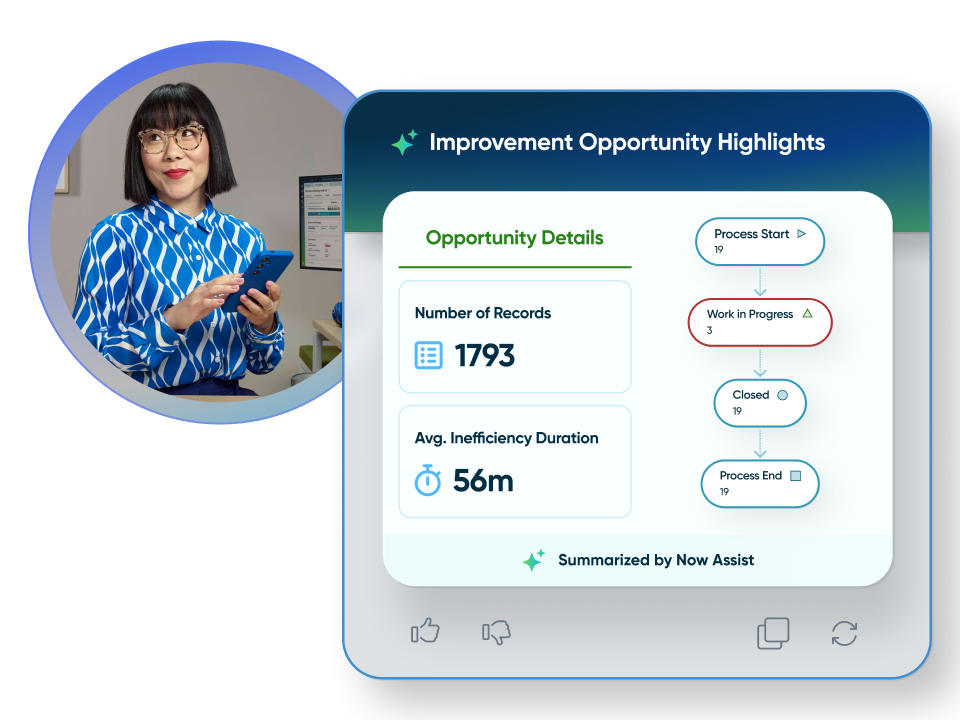Improvement opportunity panel showing process mining insights with record count and average inefficiency duration.