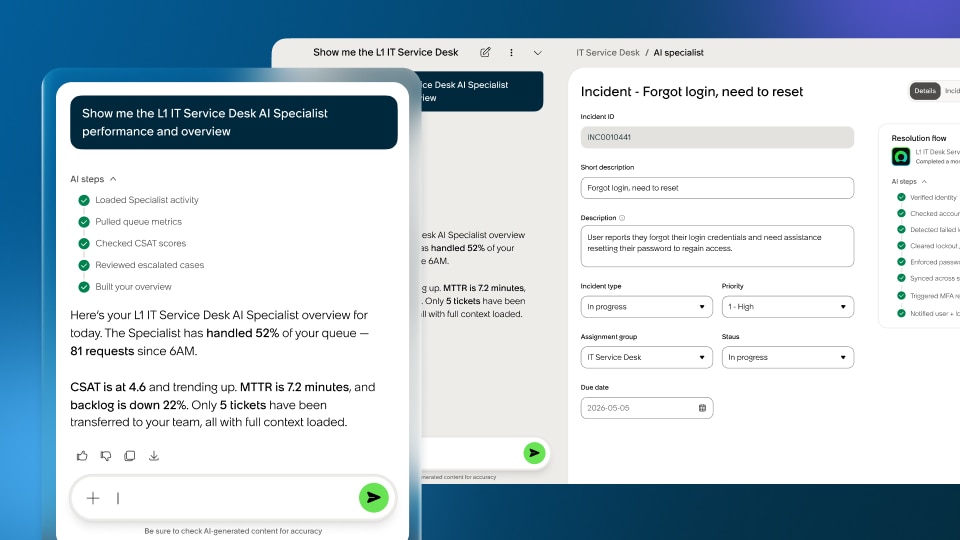 ServiceNow Otto mostra una panoramica delle prestazioni dello Specialista AI del servizio di assistenza IT di livello 1, con a lato un incidente di accesso risolto.