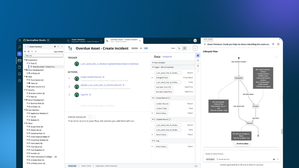Screenshot of the ServiceNow Studio interface with a Now Assist AI chat panel open, guiding the user through building an app.
