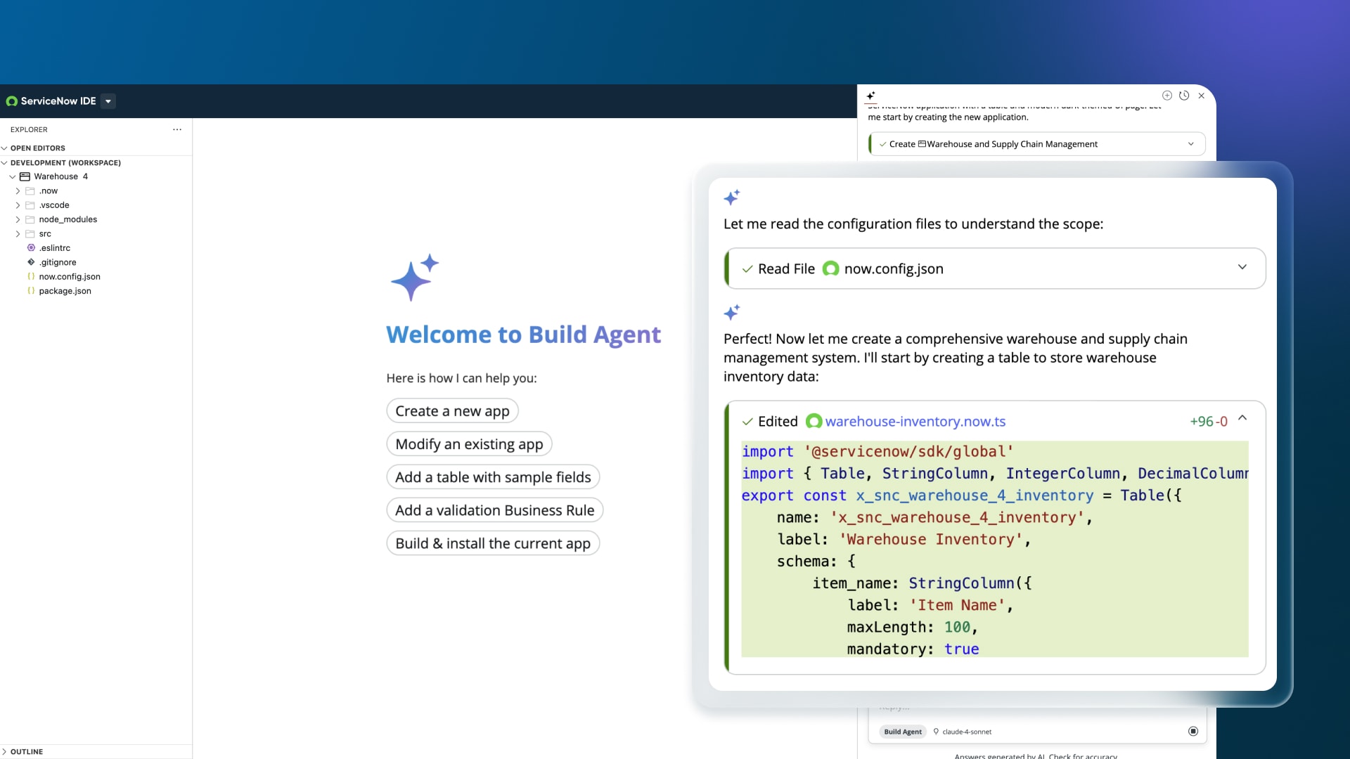 Screenshot of a conversational chat experience in ServiceNow Build Agent when creating a warehouse app.