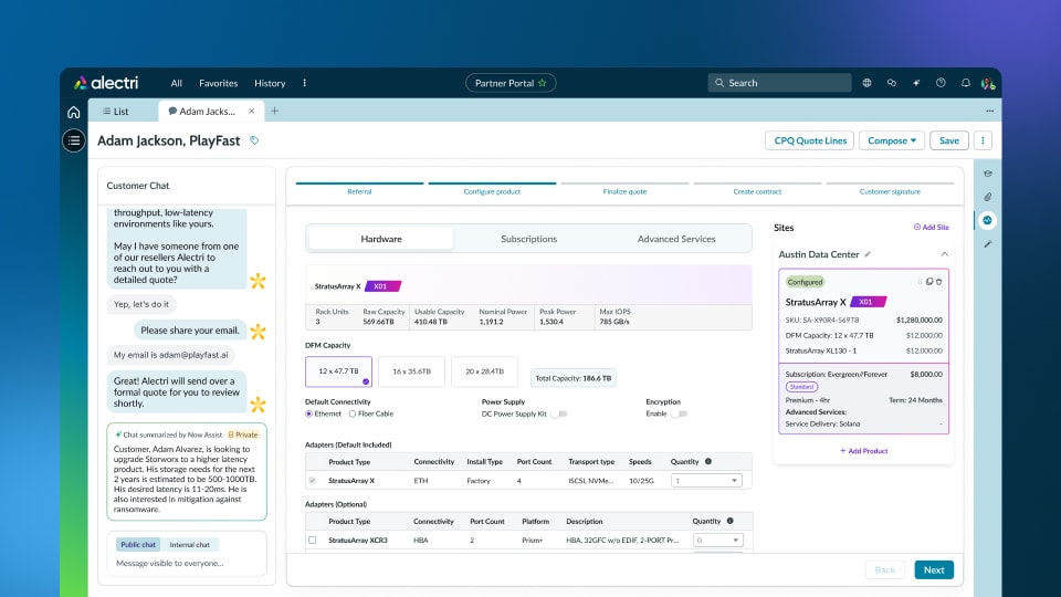 A ServiceNow CPQ workspace shows AI instantly building a configured quote from a customer conversation, eliminating manual steps.