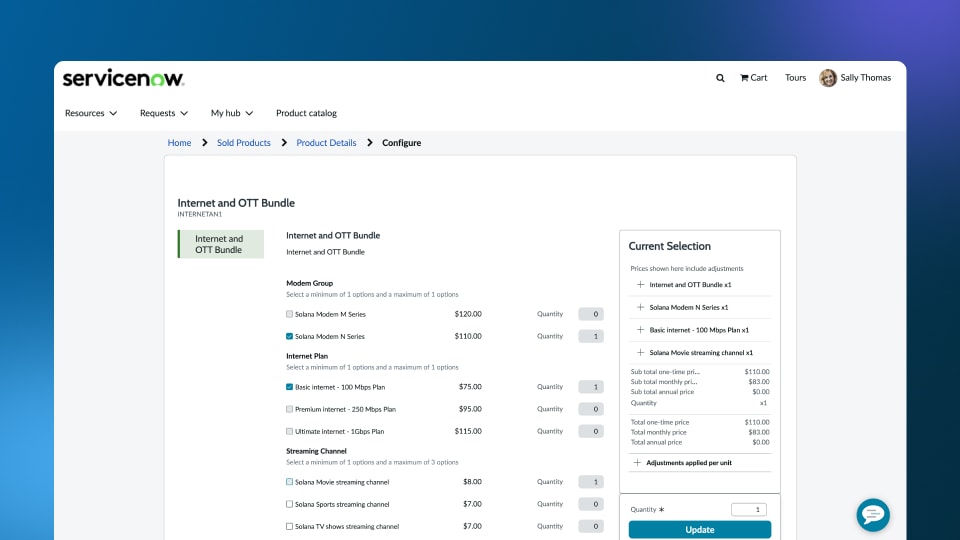 A ServiceNow product catalog view shows an Internet and OTT Bundle configured with accurate pricing across every channel.