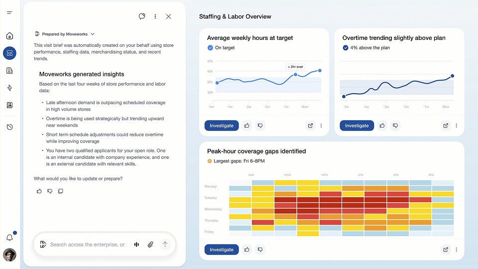 A desktop view shows how ServiceNow EmployeeWorks can start and finish processes across any tool, system or department to get more done with AI.