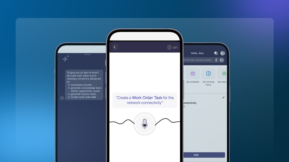 Écrans mobiles montrant une commande vocale permettant de créer une tâche d’ordre de travail pour la connectivité réseau.