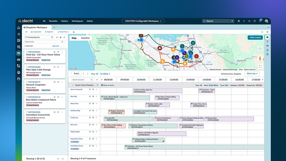 Capture d’écran d’un espace de travail de planification du service sur site avec carte, plannings et échéances des tâches.