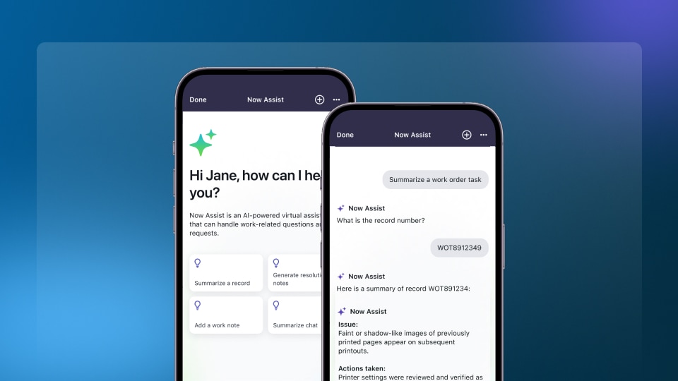 Écrans mobiles montrant une interface de chat où un utilisateur pose des questions à Now&nbsp;Assist et reçoit des réponses guidées.