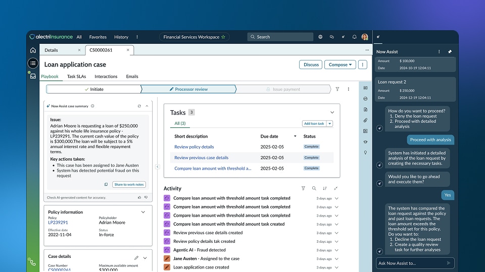 Loan application case workspace showing tasks, activity feed, and AI assistant panel.