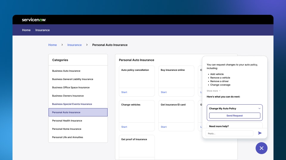 ServiceNow request form for annual risk assessment with category selection and AI help panel.