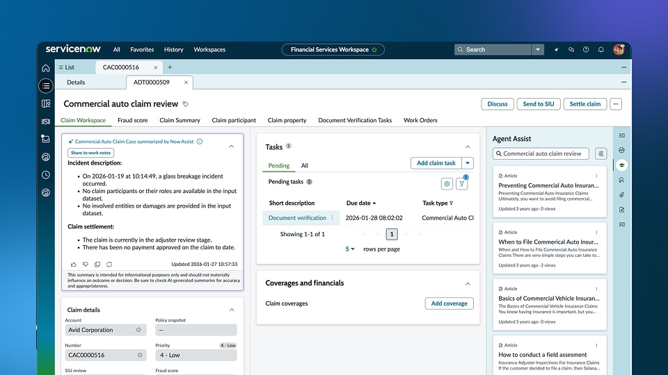 Commercial auto claim review workspace with claim details, tasks, and AI assistant panel.