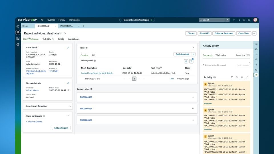 Report individual death claim workspace with claim details, tasks, and activity stream panel.