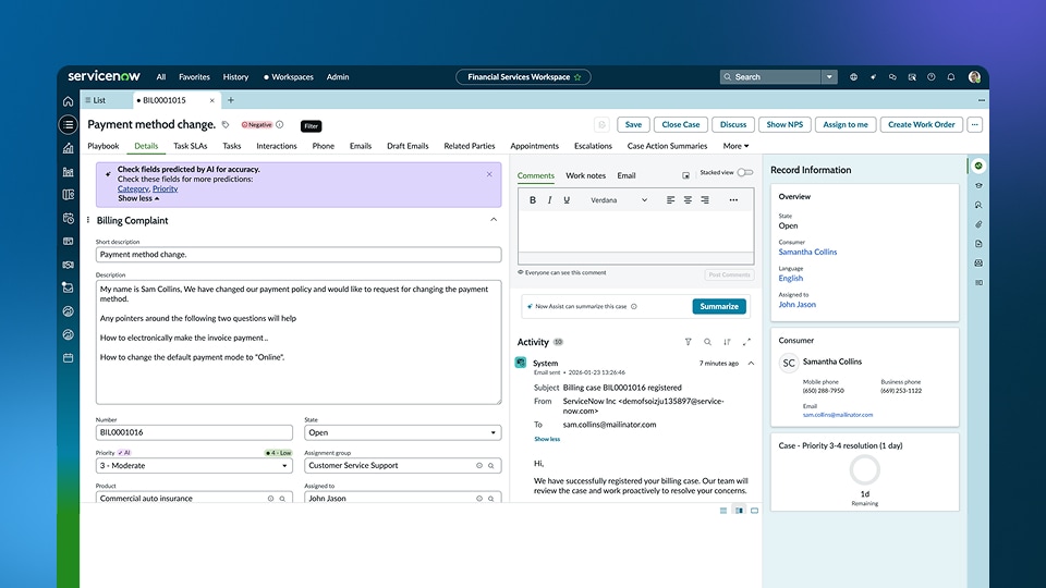 Payment method change case workspace with customer details, notes, and resolution panel.
