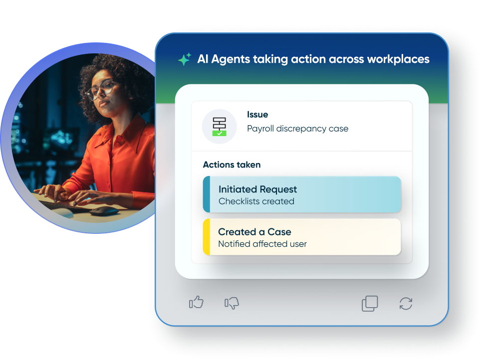 AI Agents が要求とケース作成の自動化された手順によって給与不一致ケースを解決していることを示すインターフェイス。