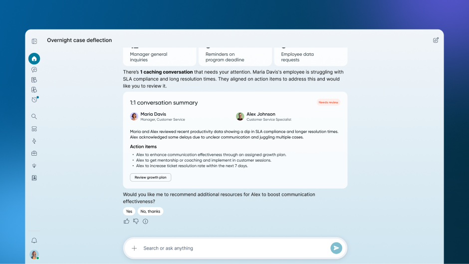 ケースの概要、SLA リスクインジケーター、優先順位、お知らせが表示されている HR エージェントワークスペースダッシュボード。