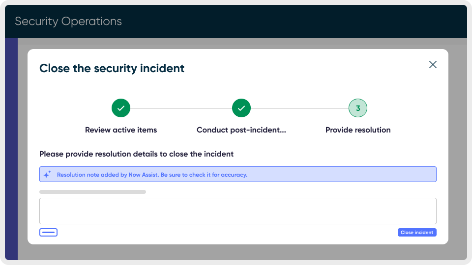 Screenshot SecOps portal with ServiceNow AI-powered Now Assist.
