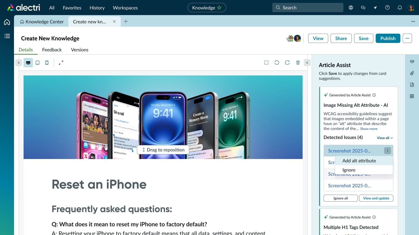 ServiceNow Knowledge Center dashboard showing how to create a new knowledge entry for an iPhone reset list of FAQs. 