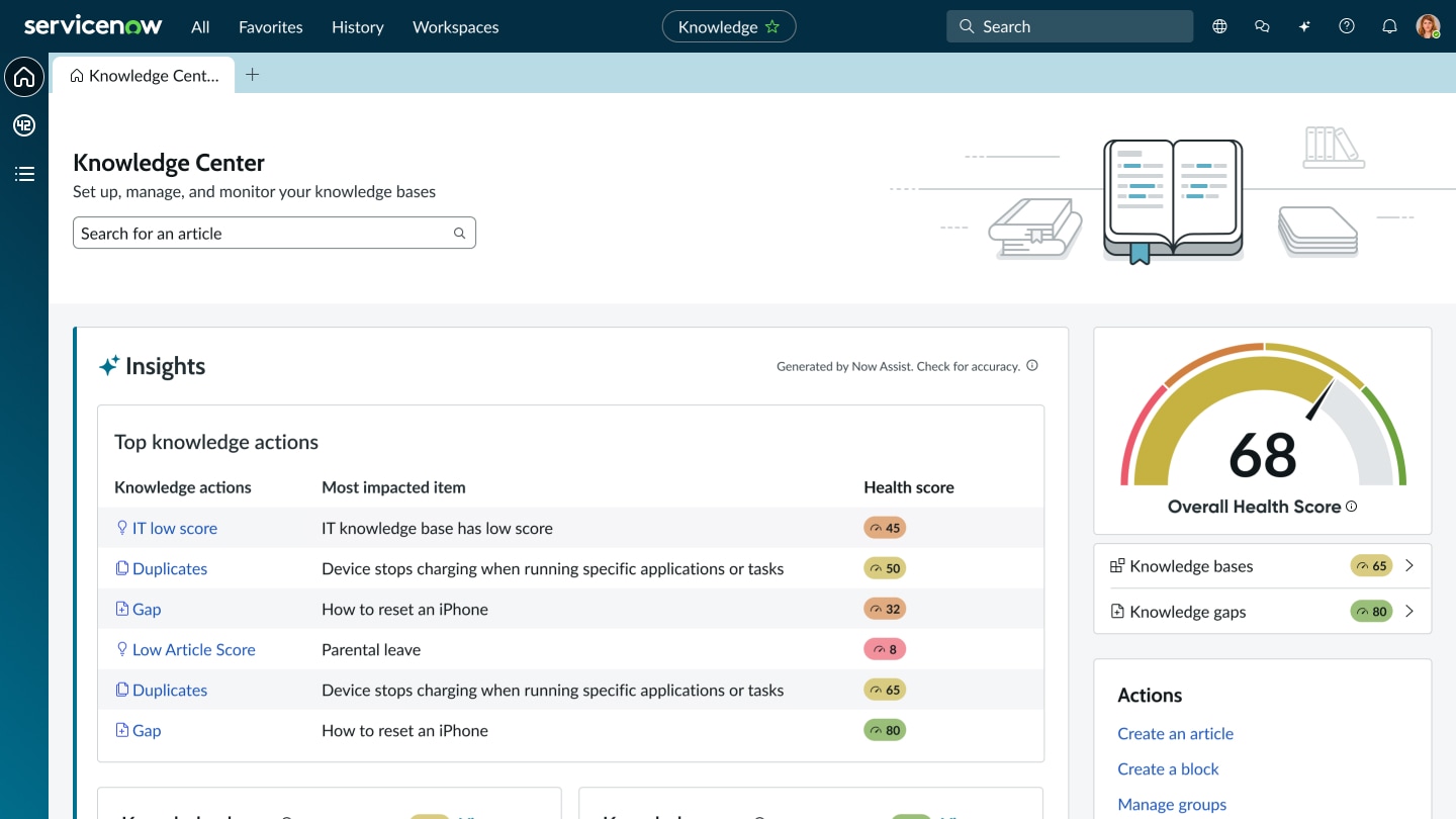 ServiceNow Knowledge Center dashboard showing insights and health scores. 