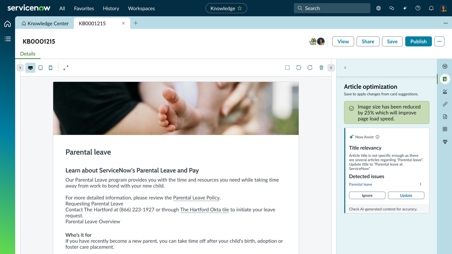 ServiceNow Knowledge Center displays a KB article feature on parental leave within the publishing dashboard. 