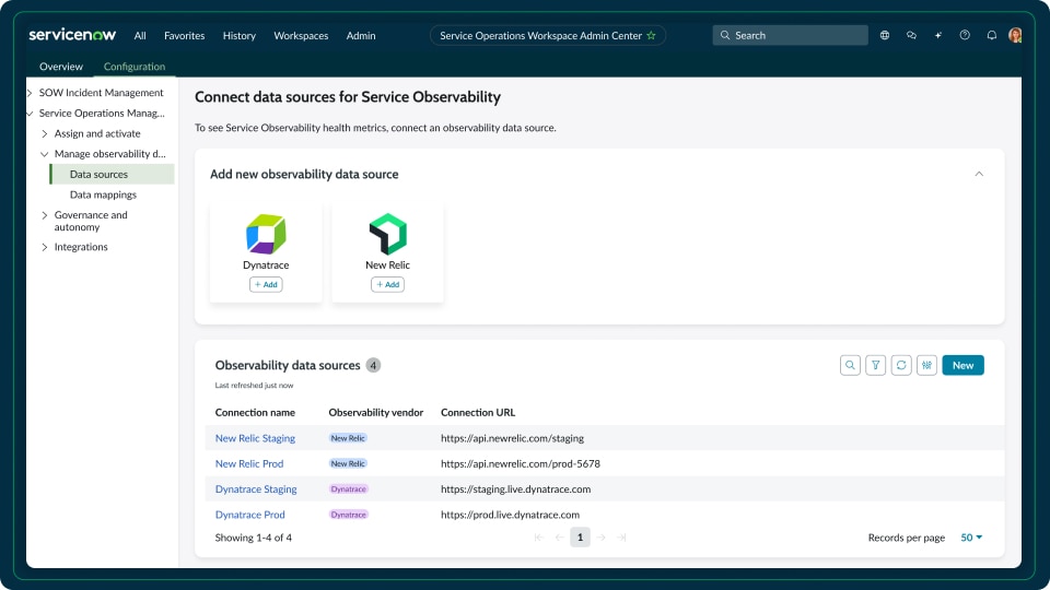 A ServiceNow dashboard showing options to add observability data sources, with a list of connected sources.